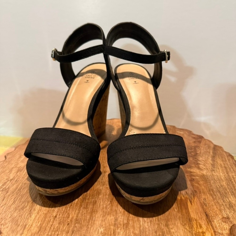 Call It Spring Wedge Sandals Women 6.5 Black Vegan Cork Ankle Strap Buckle High